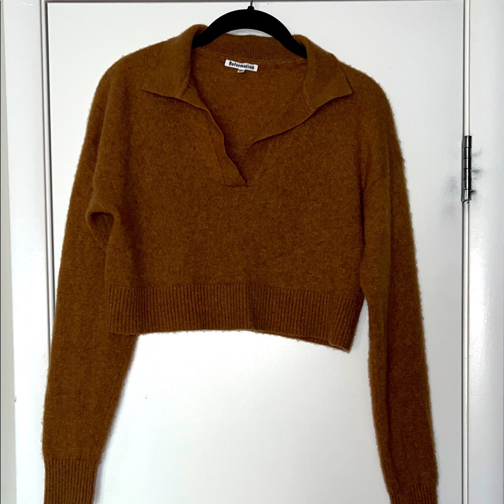 Reformation Cashmere Camel cropped Polo Neck Sweater